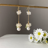 Floral Pearl Dangle earrings, Pearl drop earrings with delicate white flowers, unique wedding bridesmaid earrings